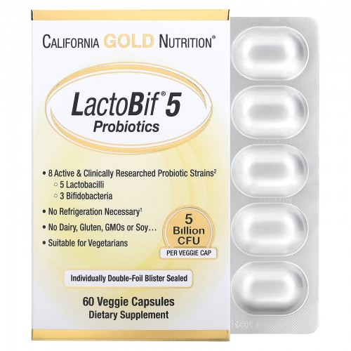 California Gold Nutrition, LactoBif 5, пробиотики, 5 млрд КОЕ, 60 вегетарианских капсул California Gold Nutrition, LactoBif 5, пробиотики, 5 млрд КОЕ, 60 вегетарианских капсул
